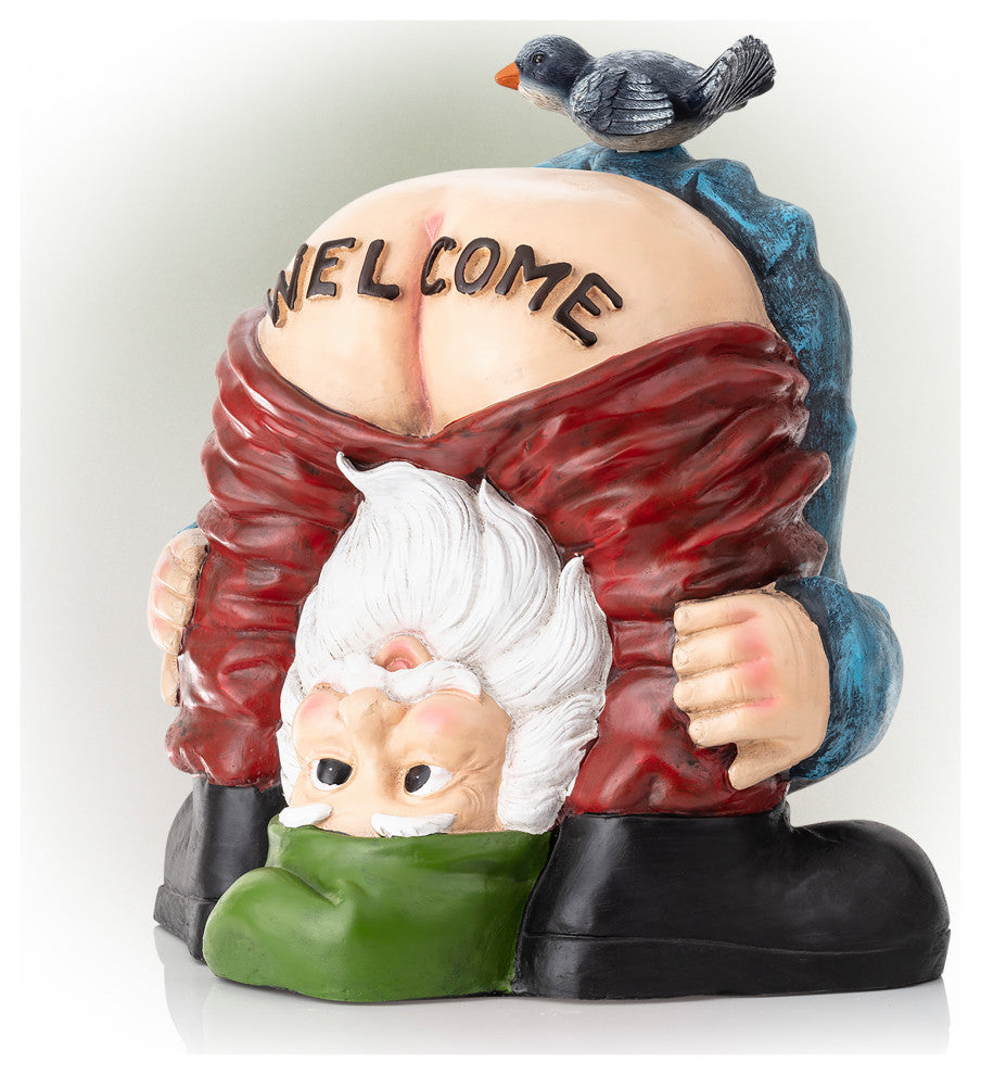 22" Tall Mooning "Welcome" Outdoor Garden Gnome with Bird Yard Statue Decoration