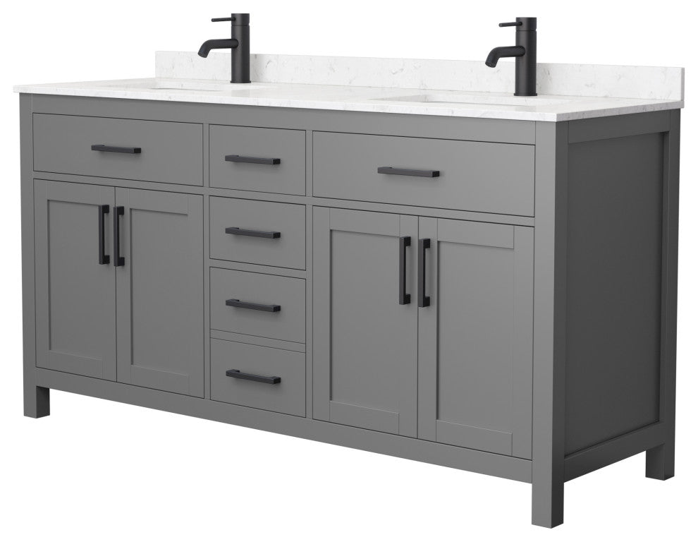 66"DBL Vanity Dark Gray, Carrara Cult. Marble Countertop, Sinks, Black Trim