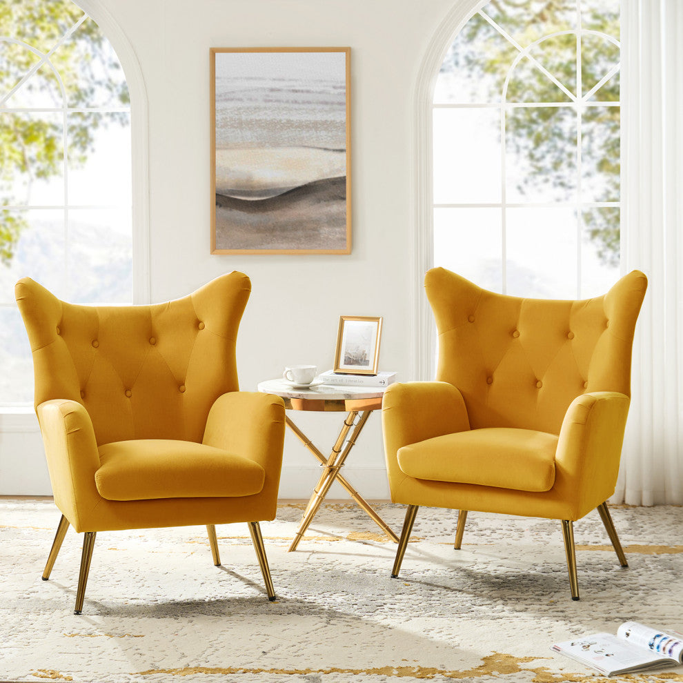 Upholstered Accent Chair With Tufted Back, Set of 2, Mustard