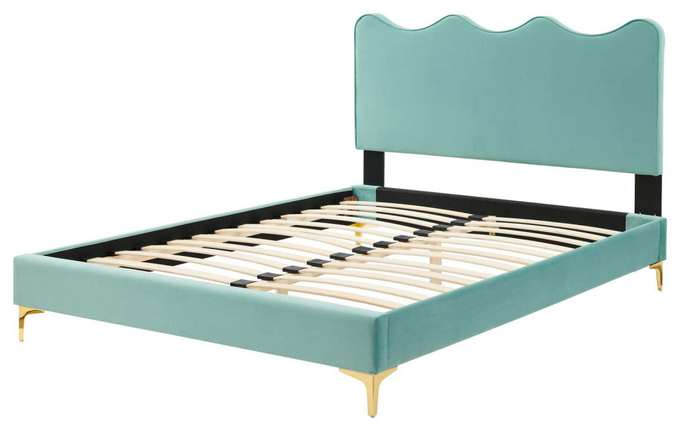 Platform Bed Frame, King Size, Blue, Velvet, Modern, Bedroom Master Guest Suite