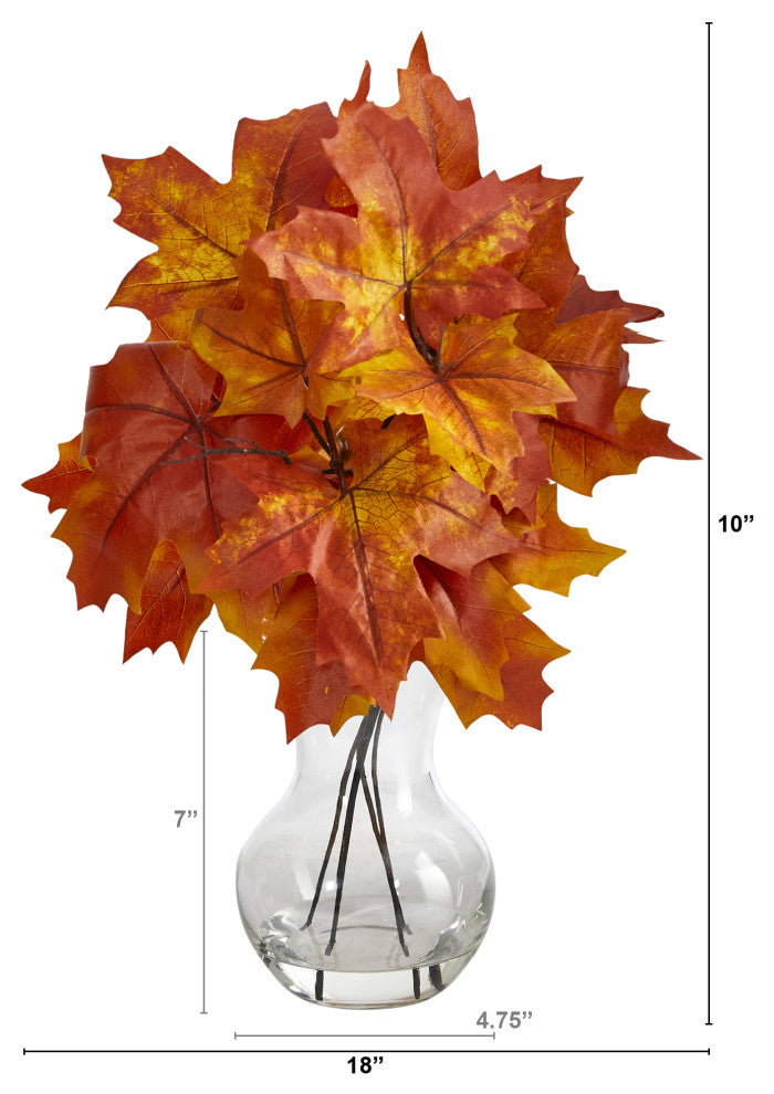 18" Autumn Maple Leaf Artificial Plant, Glass Planter