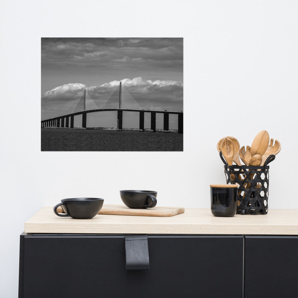 Skyway Bridge Black and White Coastal Landscape Photo Unframed Wall Art Print, 16" X 20"