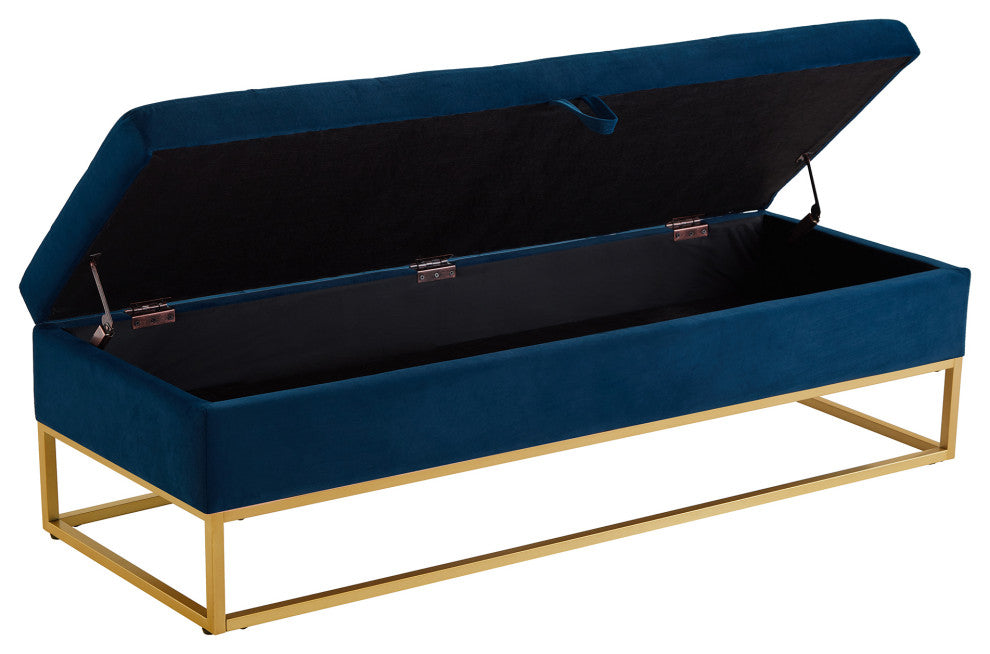 TATEUS Metal Base Bed Bench in Velvet Hidden Storage for Bedroom, Navy Blue
