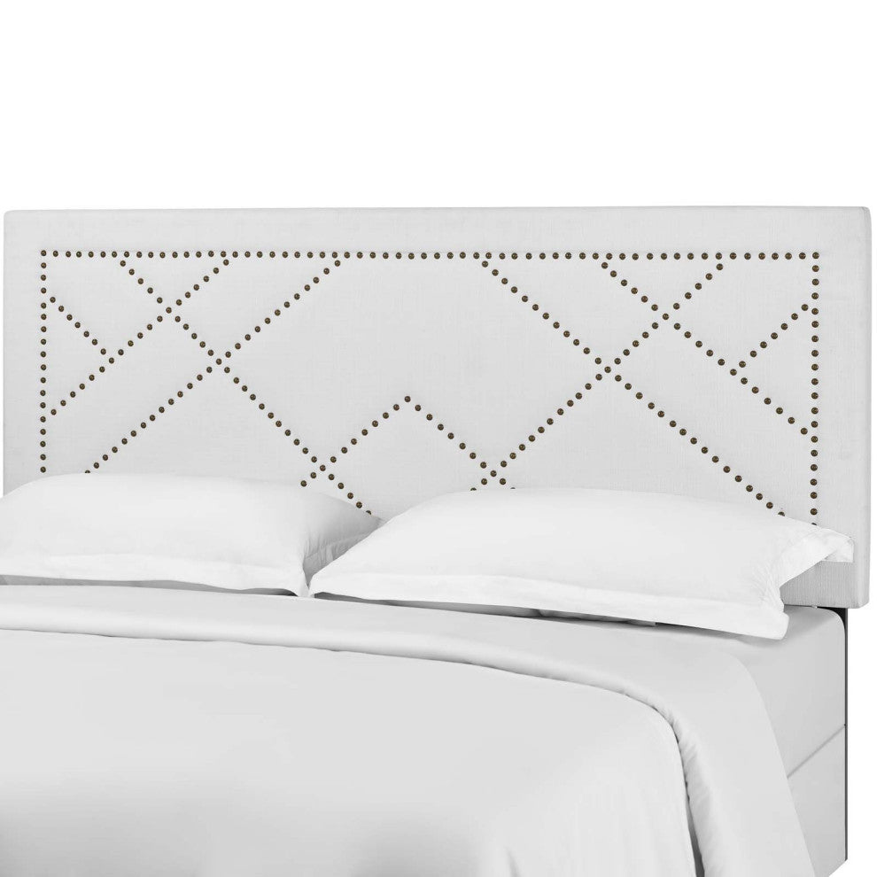 Contemporary Modern Bedroom King Size Headboard, Rivet Nail, Fabric, White