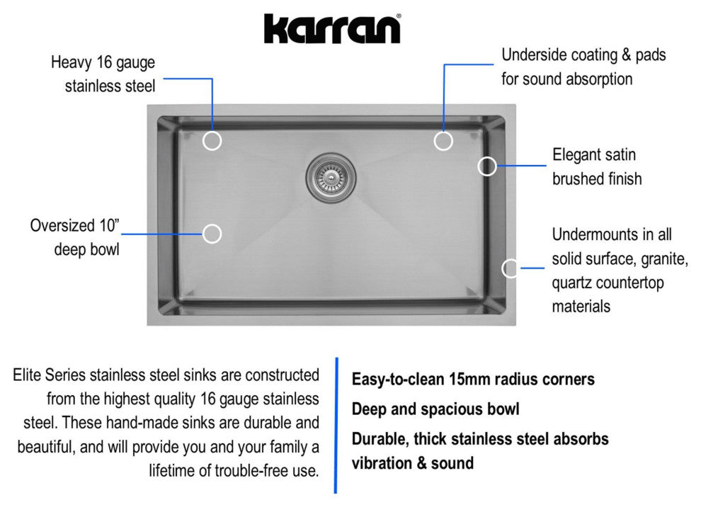 Karran 30" Undermount Large Single Bowl Stainless Steel Kitchen Sink Kit