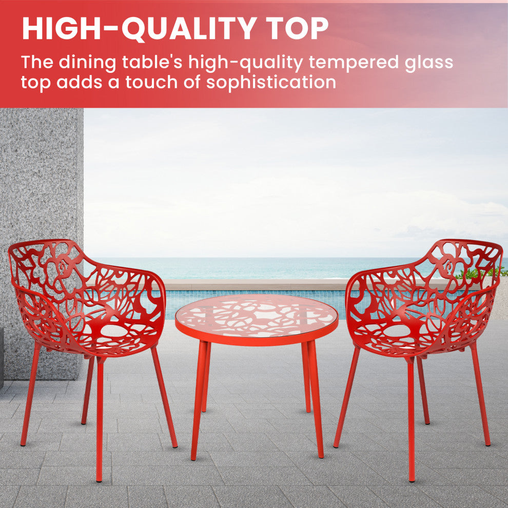 LeisureMod Devon Aluminum Patio Dining Set With Table and 2 Armchairs, Red