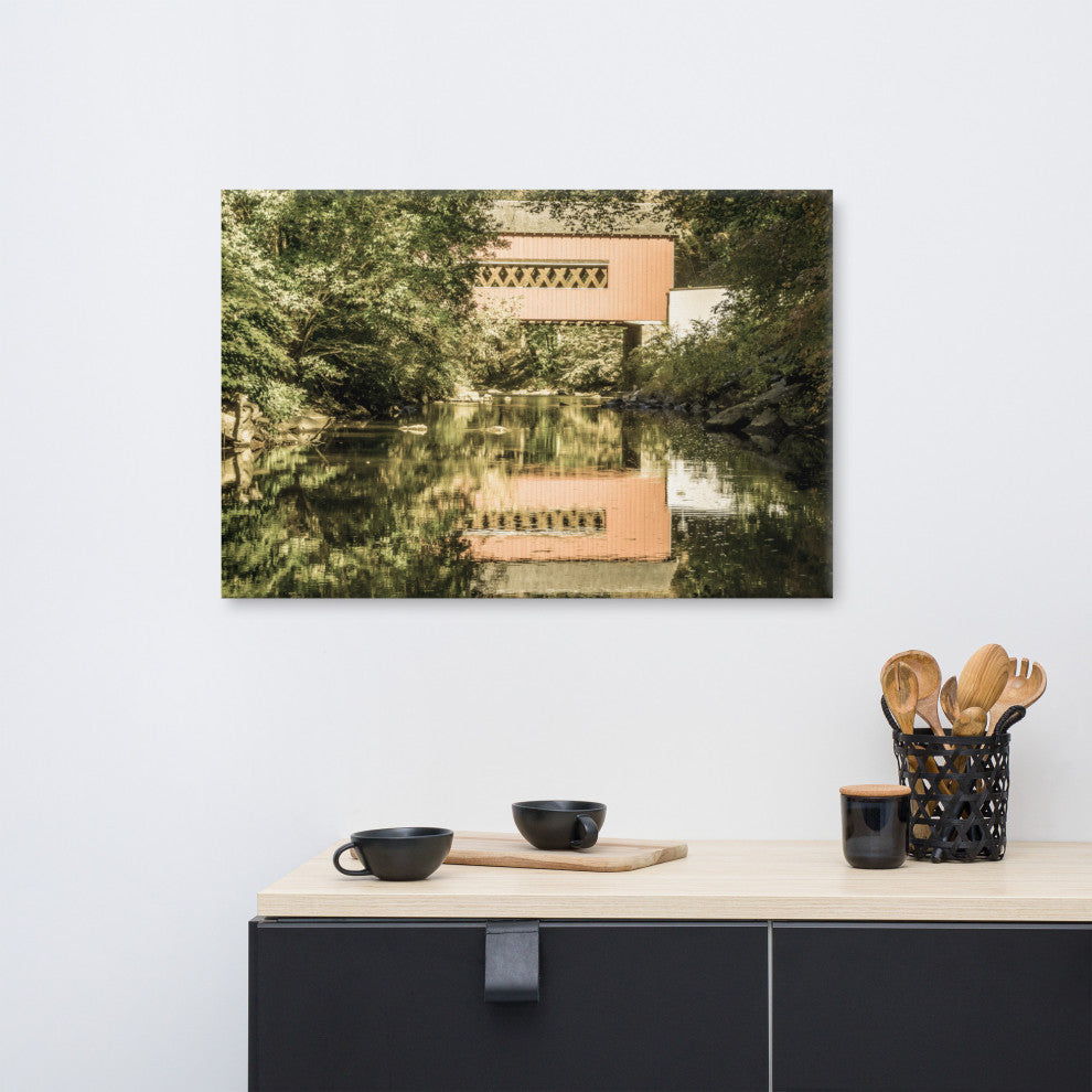 The Reflection of Wooddale Covered Bridge Aged Canvas Wall Art Print, 24" X 36"