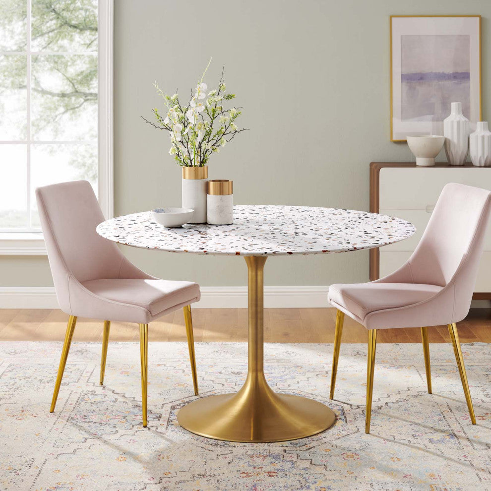 47" Dining Table, Round, White Gold, Metal, Modern, Cafe Bistro Hospitality
