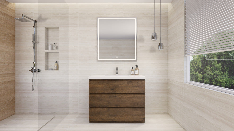 Alston 42" Free Standing Modern Vanity, Rosewood, Glossy White Top