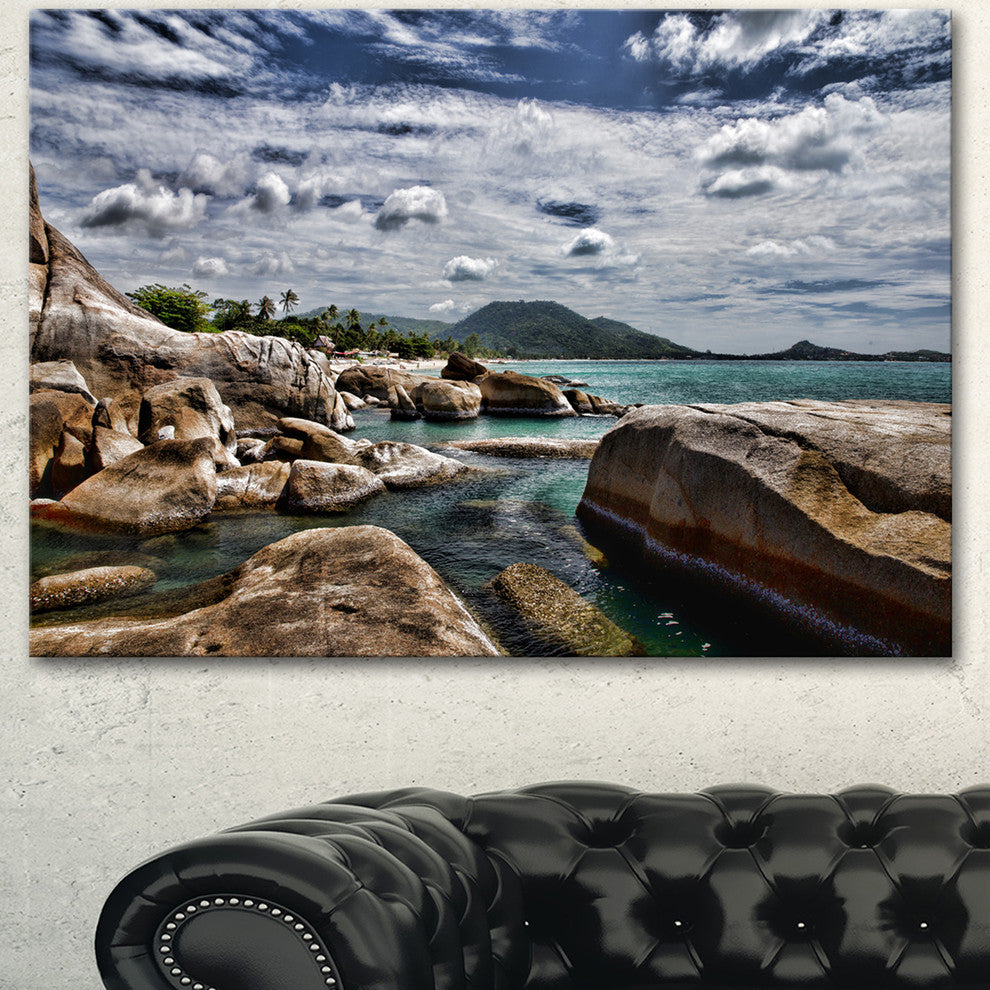 Rocky Beach with Dramatic Sky, Large Seashore Canvas Art Print, 60"x28"