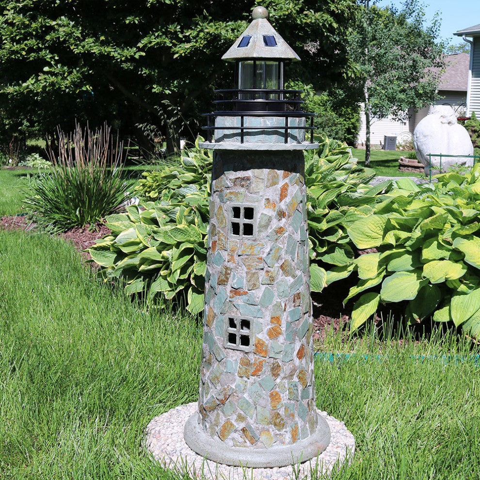 Sunnydaze Outdoor Garden Solar LED Cobblestone Lighthouse Statue Decor, 35"