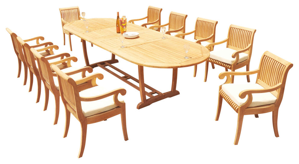 11-Piece Outdoor Teak Dining Set: 117" Masc Extn Oval Table, 10 Giva Arm Chairs
