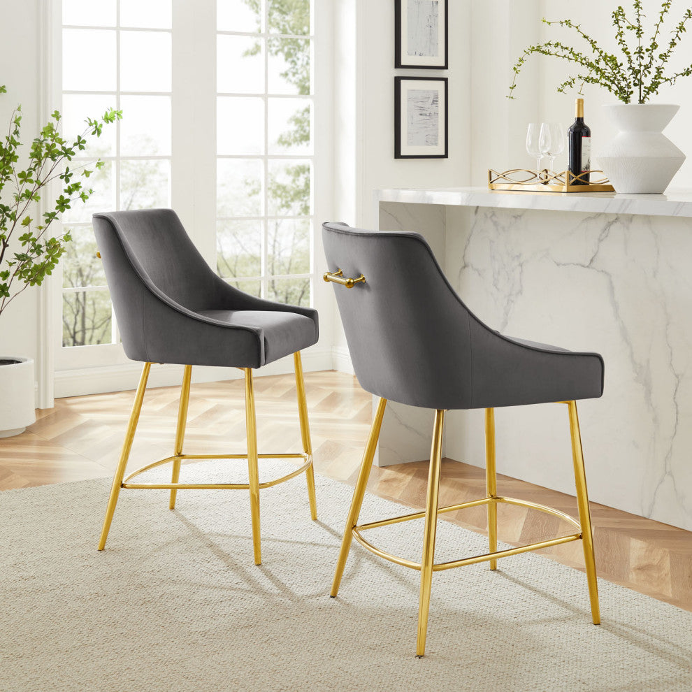 Counter Stool Chair, Set of 2, Gray, Velvet, Modern, Mid Century Lounge