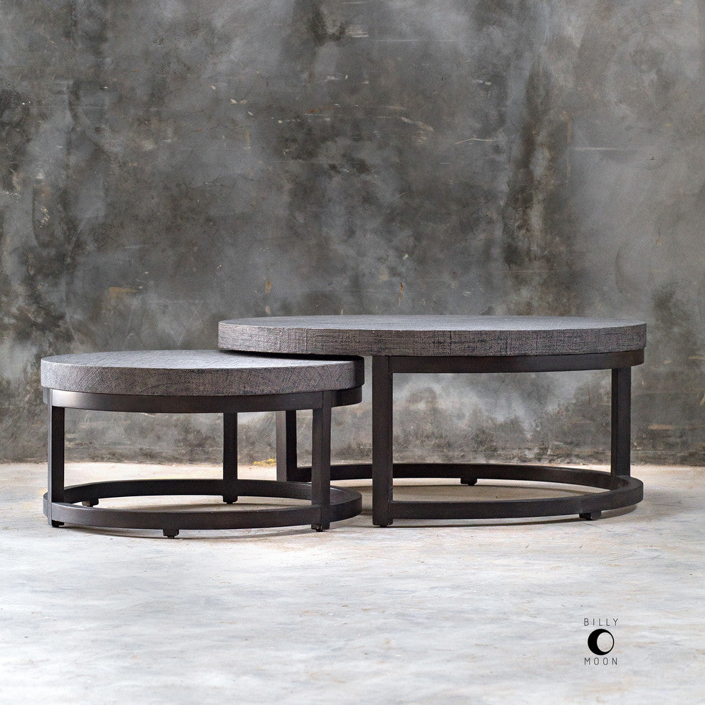 Rustic Modern Round Nesting Coffee Table Set 2 Tiered Circle Geometric