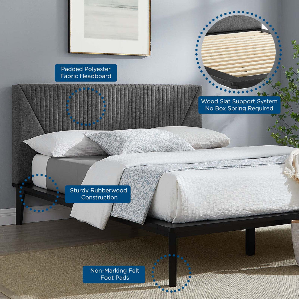 Platform Bed Frame, Queen Size, Black Gray, Wood, Modern, Mid Century