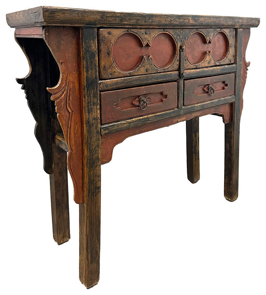 Consigned 19th Century Antique Chinese Carved 3 Drawers Console Table