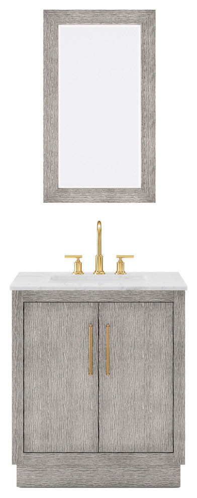30 Single Sink White Marble Vanity, Gray Oak With Gooseneck Faucet and Mirror
