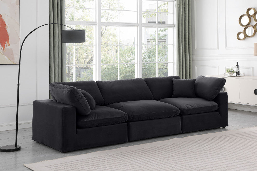 Comfy Upholstered Modular Sofa, Black, 3-Piece: 1 Armless Chair, 2 Corner Chair, Velvet