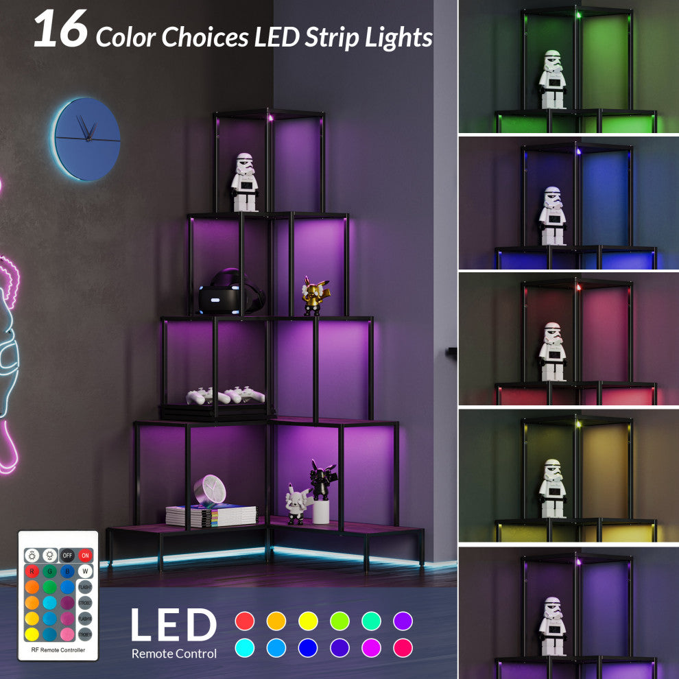 5-Tier Corner Bookshelf with RGB Light, 66" Tall L-Shaped Bookcase, Gray