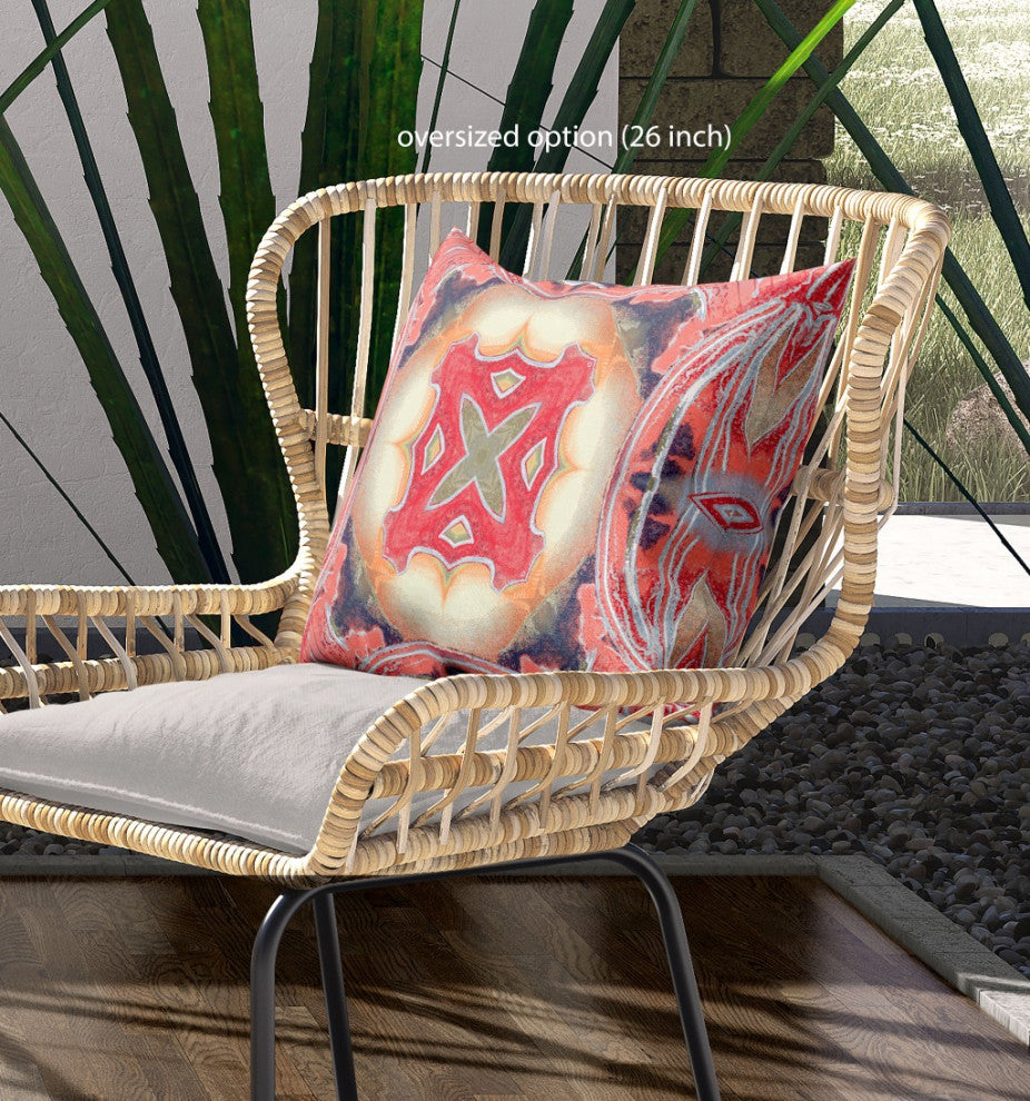 26" Peach Red Geo Tribal Indoor Outdoor Throw Pillow