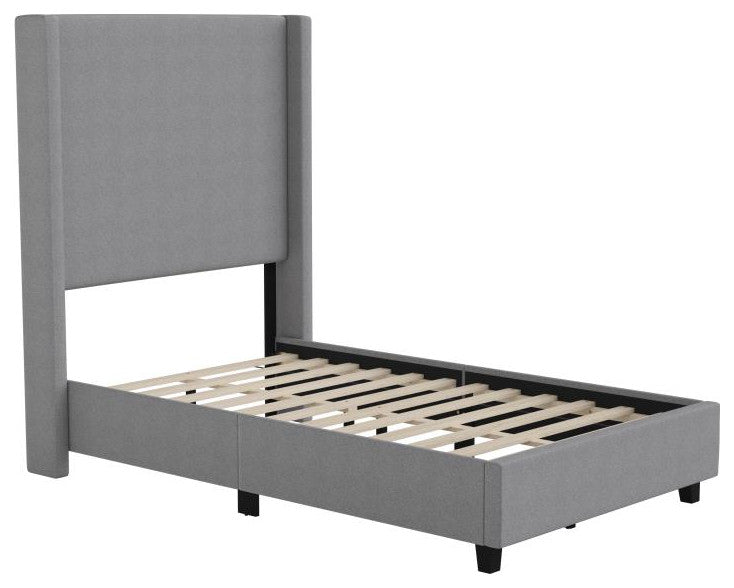 Quinn Upholstered Platform Bed with Channel Stitched Wingback Headboard, Gray, Twin