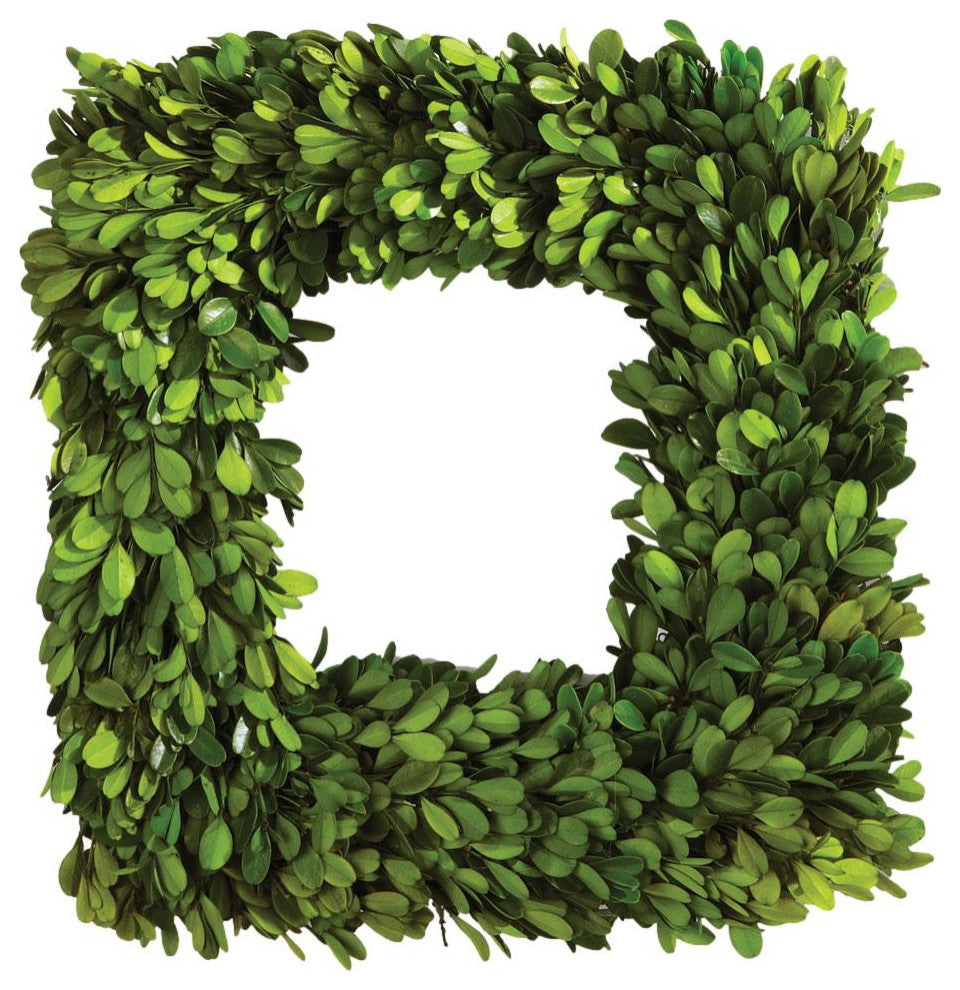 Square 16in English Boxwood Wreath Topiary Greenery Natural Classic Hanging Door