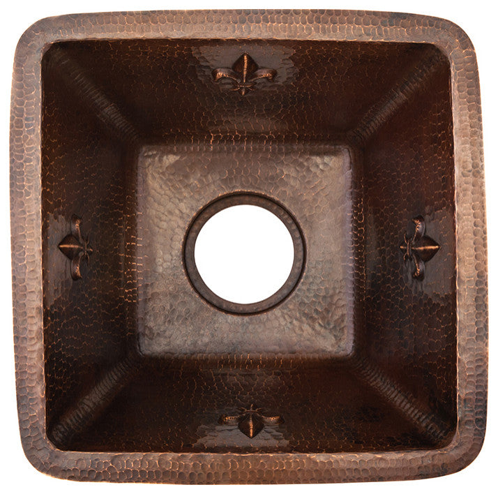 15" Square Fleur De Lis Copper Bar/Prep Sink, 3.5" Drain Opening