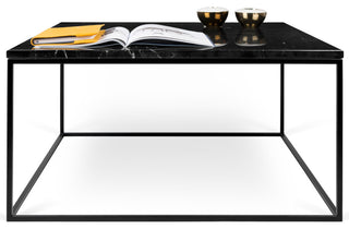 Modern Marble Top Minimal Metal Base Coffee Table, Black Marble/Black Base