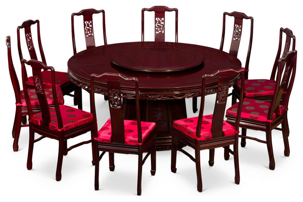 Dark Cherry Rosewood Dragon Motif Chinese Round Dining Set with 10 Chairs