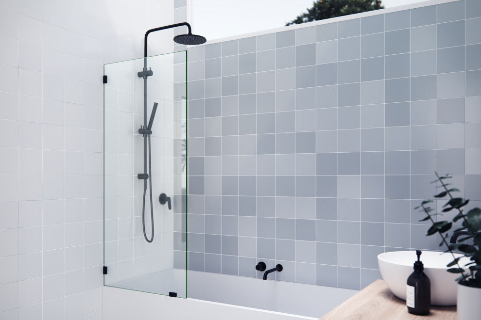 58.25"x28" Frameless Shower Bath Fixed Panel, Matte Black