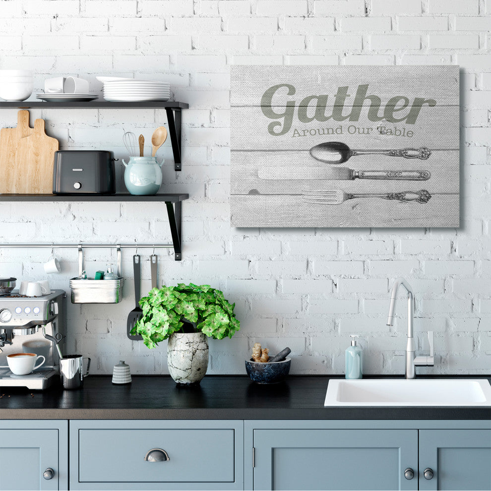 Gather Silverware Kitchen Wood Texture Word Design, 30"x40"