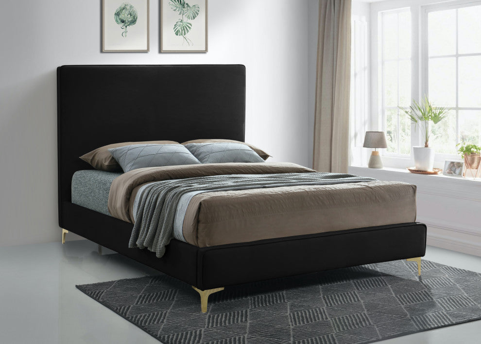 Geri Velvet Upholstered Bed, Black, Full