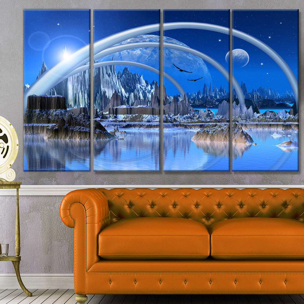 Blue Fantasy Landscape, Landscape Canvas Art Print, 48"x28", 4 Panels
