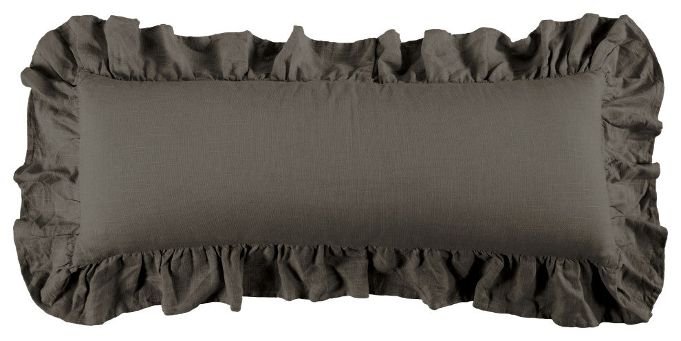 Washed Linen Ruffled Lumbar Pillow, 14" x 36", Slate, 1PC