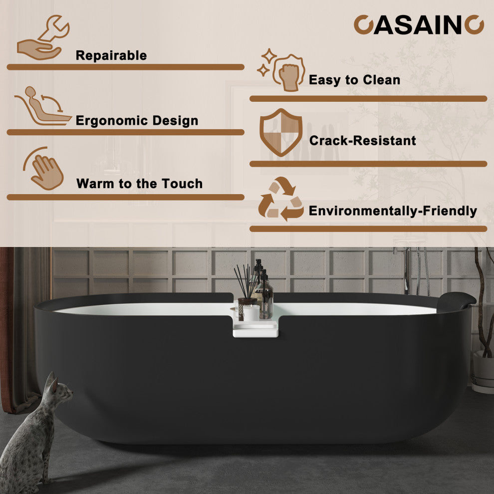 67in White Solid Surface Freestanding Soaking Bathtub with Drain, 67in