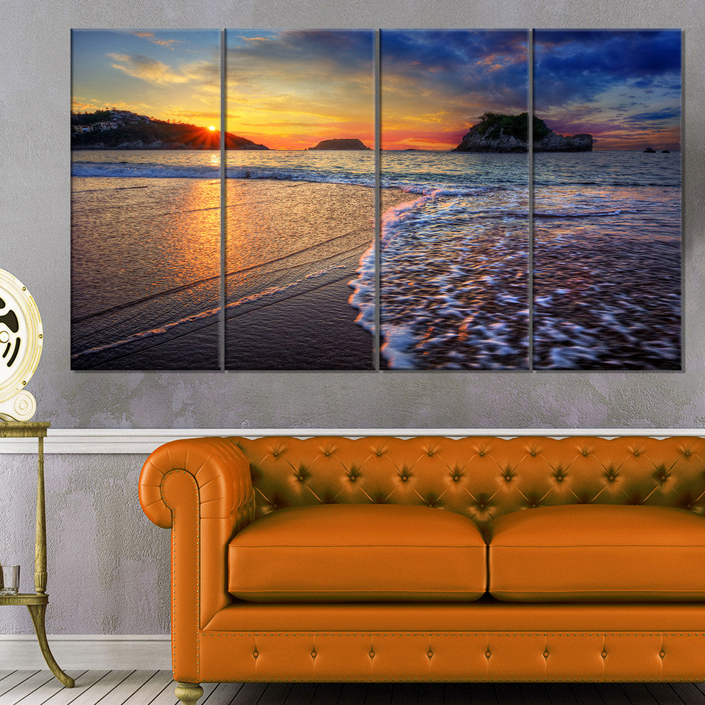 Sandy Beach with Rush Waves, Seashore Canvas Art Print, 48"x28", 4 Panels