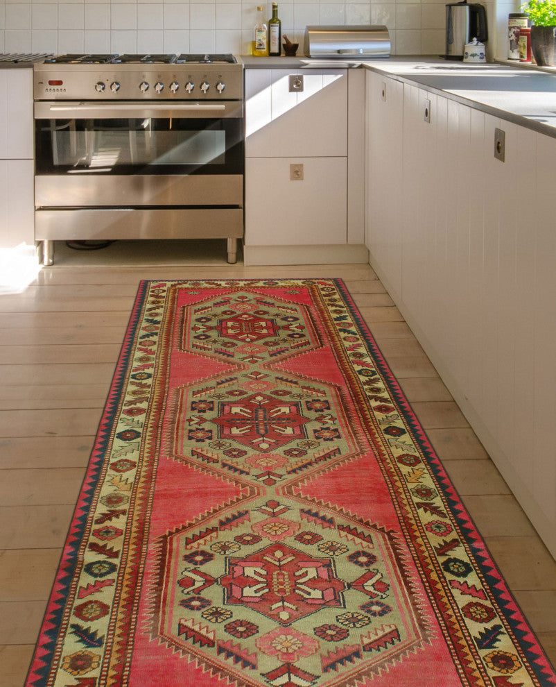 Fine Vintage Distressed Wazma Pink/Burgundy Runner, 3'9x10'0