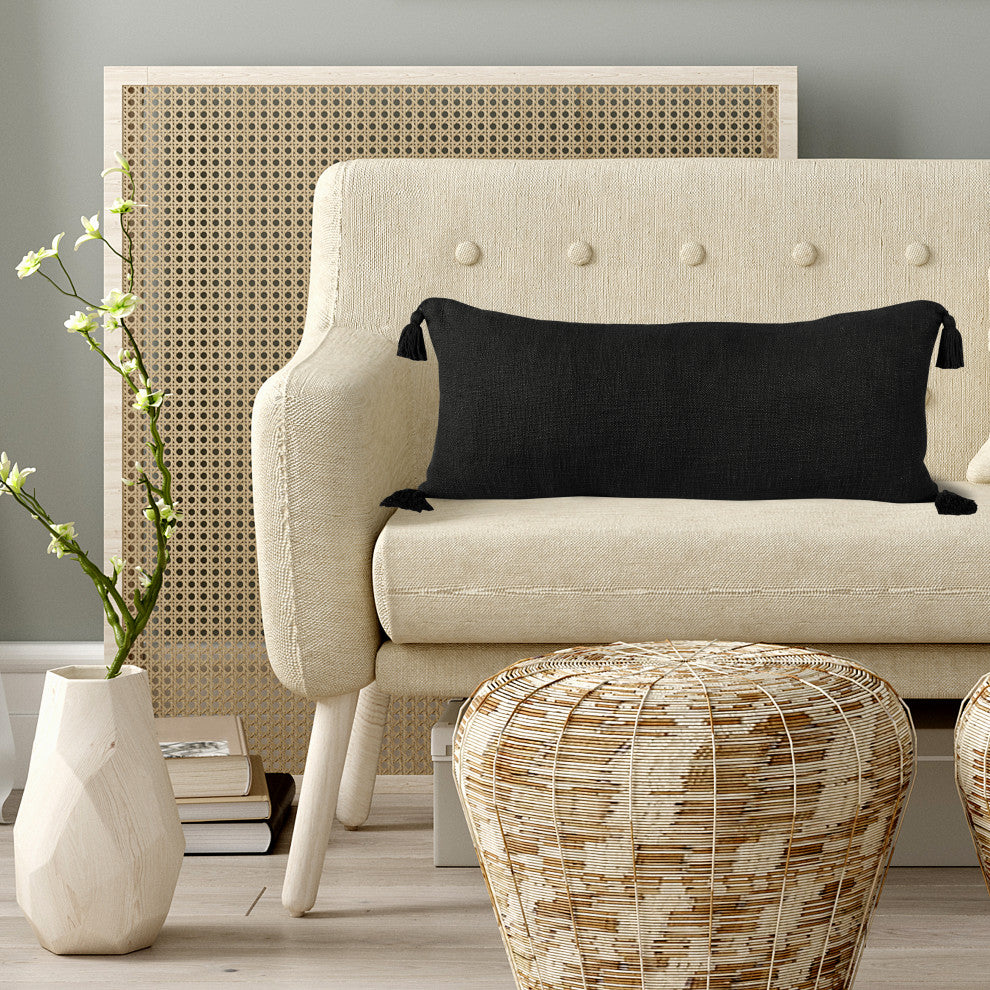 Ox Bay Handwoven Black Solid Organic Cotton Pillow Cover, 14"x36"