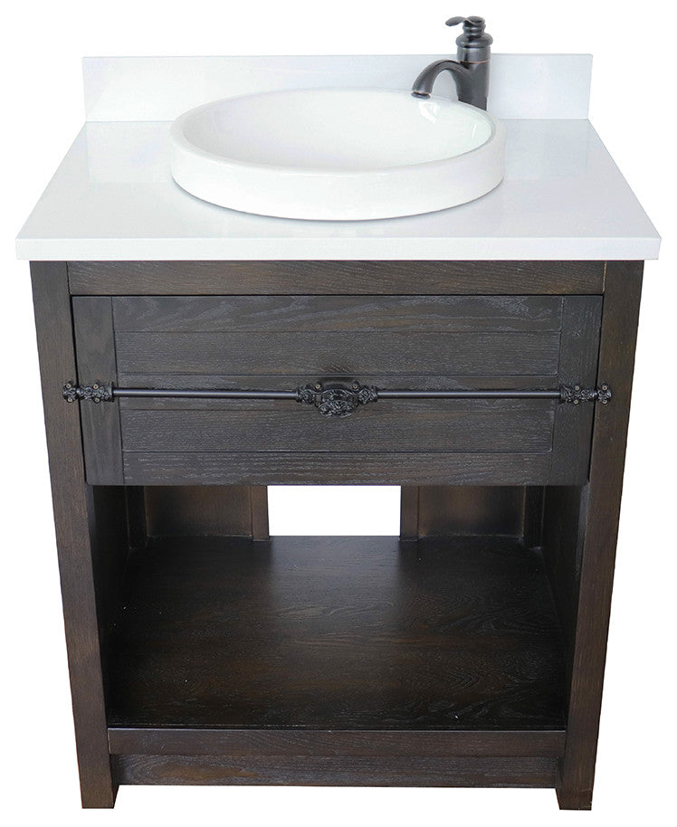 30" Single Vanity, Brown Ash, White Engineered Stone Top, Round Sink