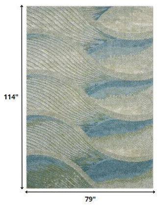 7"x10" Blue Beige Abstract Waves Modern Area Rug