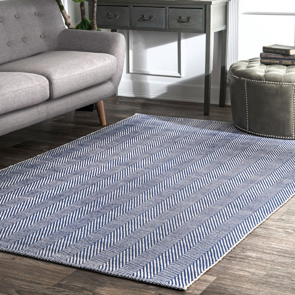 Nuloom Hand-Loomed Chalet Herringbone Cotton Flatwoven Rug, Navy 4'x6'