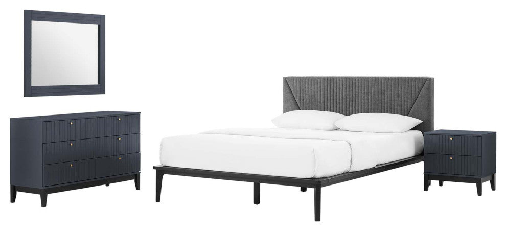 Platform Bed Dresser Chest Nightstand Set, Queen, Blue, Wood, Modern