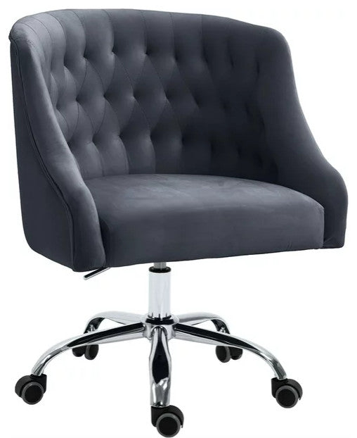 Elegant Office Chair, Velvet Seat & Buttonless Tufted Round Back, Gray/Chrome