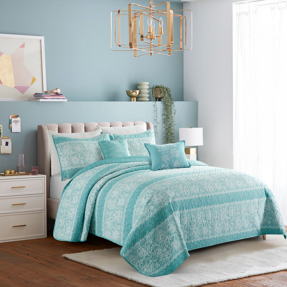 Emma Quilt 5 Piece Sets, Teal, Over-Sized King 122" X 106"