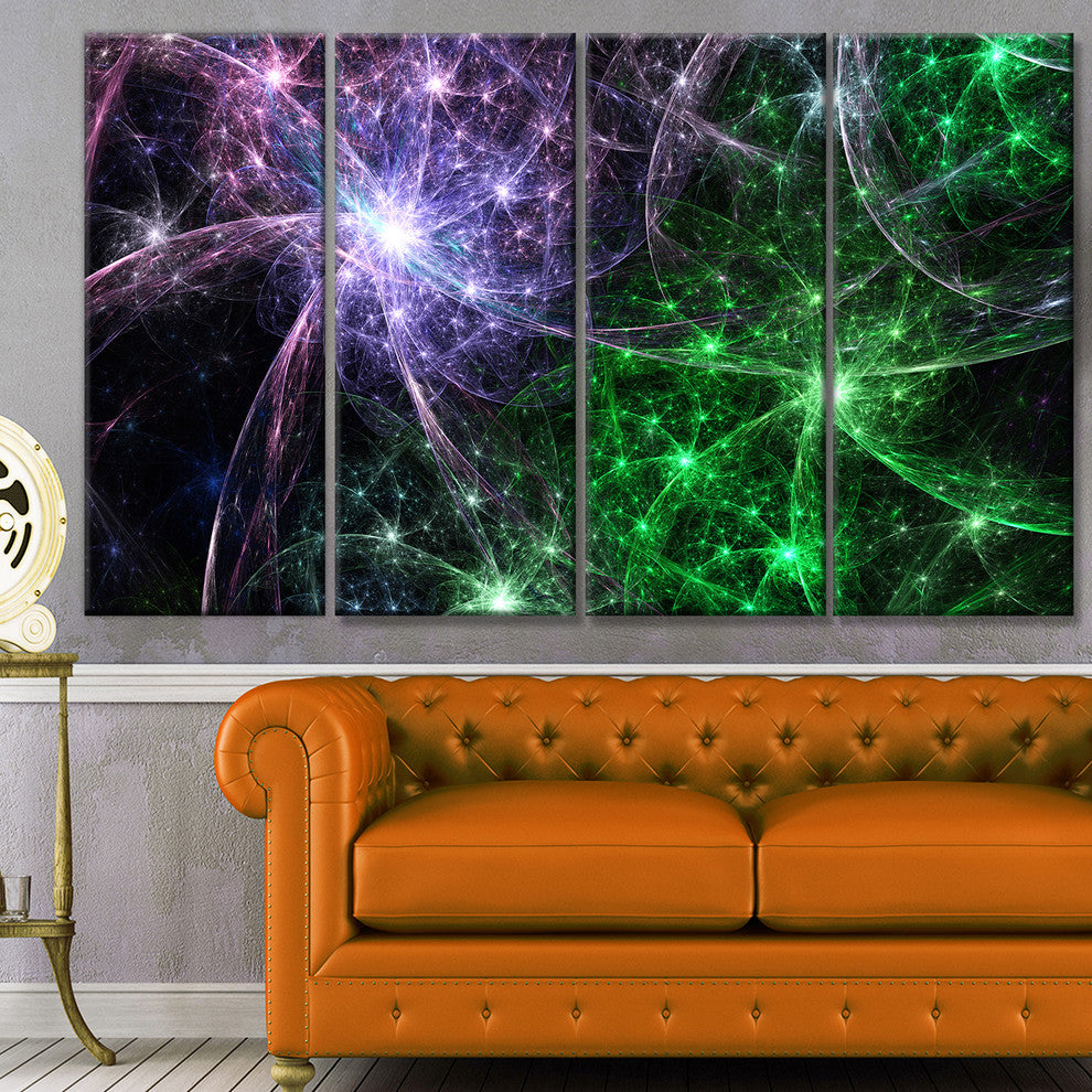 Green Purple Colorful Fireworks, Abstract Art on Canvas, 48"x28", 4 Panels