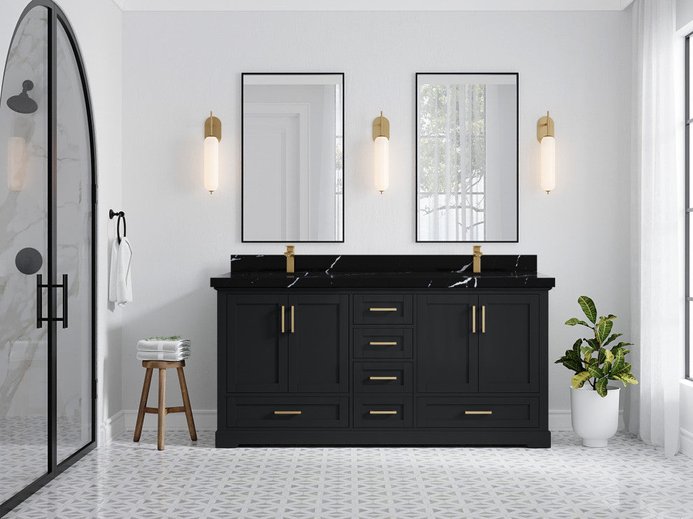 Boston 72" Double Sink Bath Vanity, Wrought Iron 2" Calacatta Black