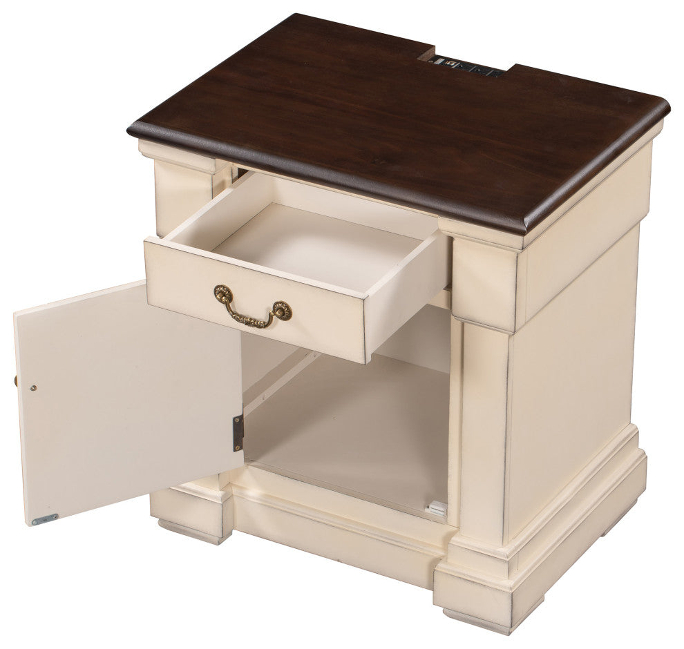 1 Drawer Wood Nightstand with USB Ports, Antique White