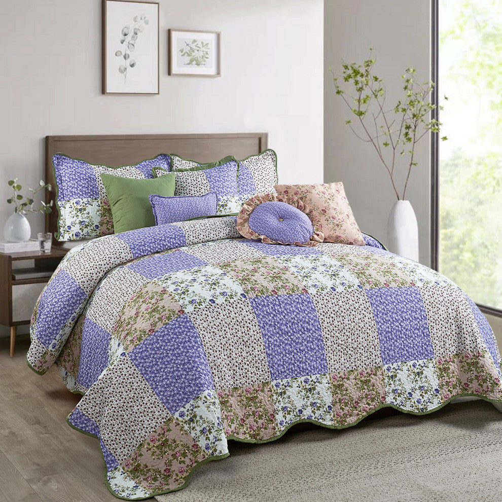 Patchwork Quilted 8-Piece Bed Spread Coverlet Set, Pink, King