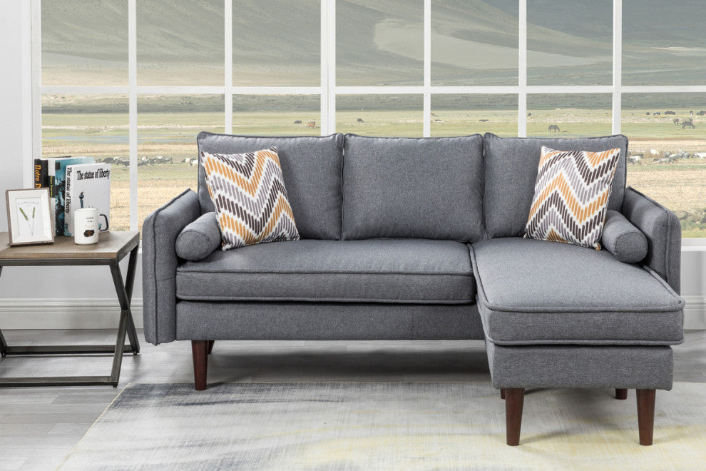 Mia Gray Linen Fabric Sectional Sofa Chaise With USB Charger and Pillows