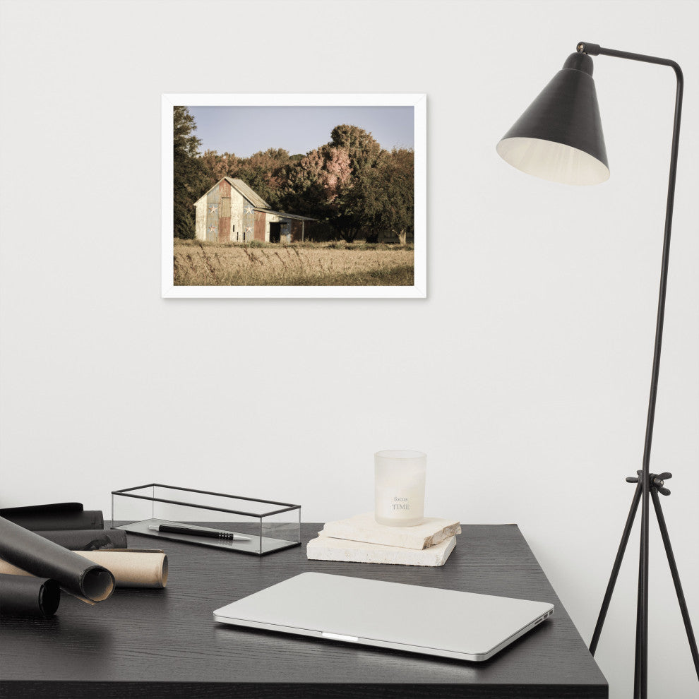 Patriotic Barn in Field Aged Effect Framed Photo Paper Wall Art Prints, White, 12" X 16"